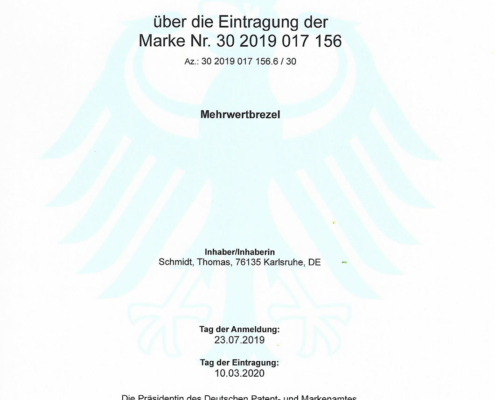 Urkunde Markenanmeldung Patentamt Mehrwertbrezel Bäckerei Schmidt